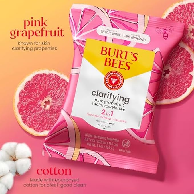 Burt's Bees مناديل الوجه، تنظيف الوجه، مناديل إزالة المكياج للبشرة العادية إلى الدهنية مع جريب فروت وردي، 30 قطعة (عبوة من 3) (قد يختلف التغليف) - Image 3